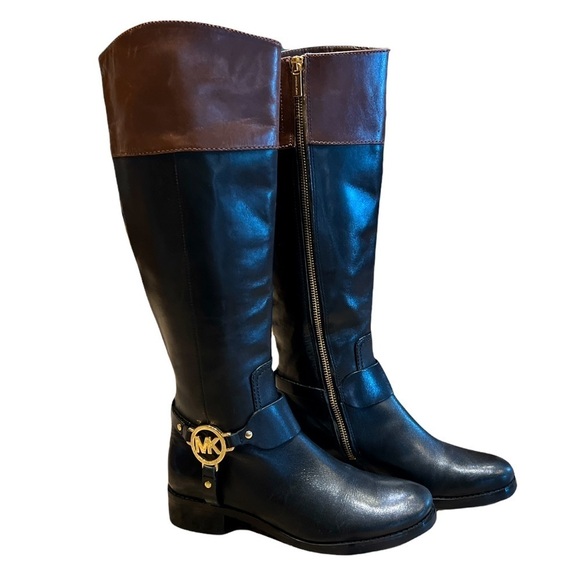 Michael Kors Fulton Harness Riding  Tall Boot Leather Black Mocha SZ 6 - Picture 1 of 11